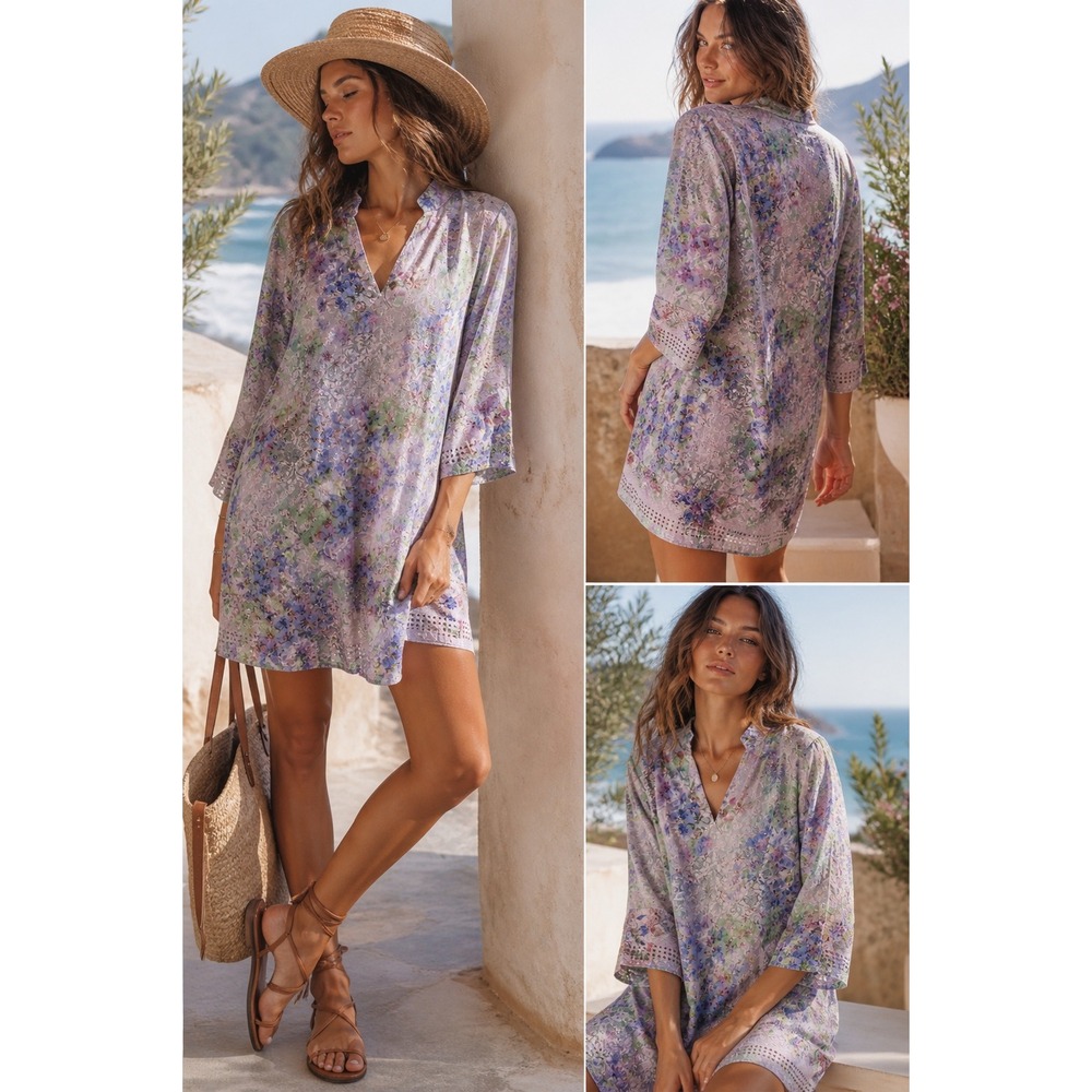 ANU Boho‎ Floral Embroidered Tunic Boho Dress Sheer Rayon Cottagecore S